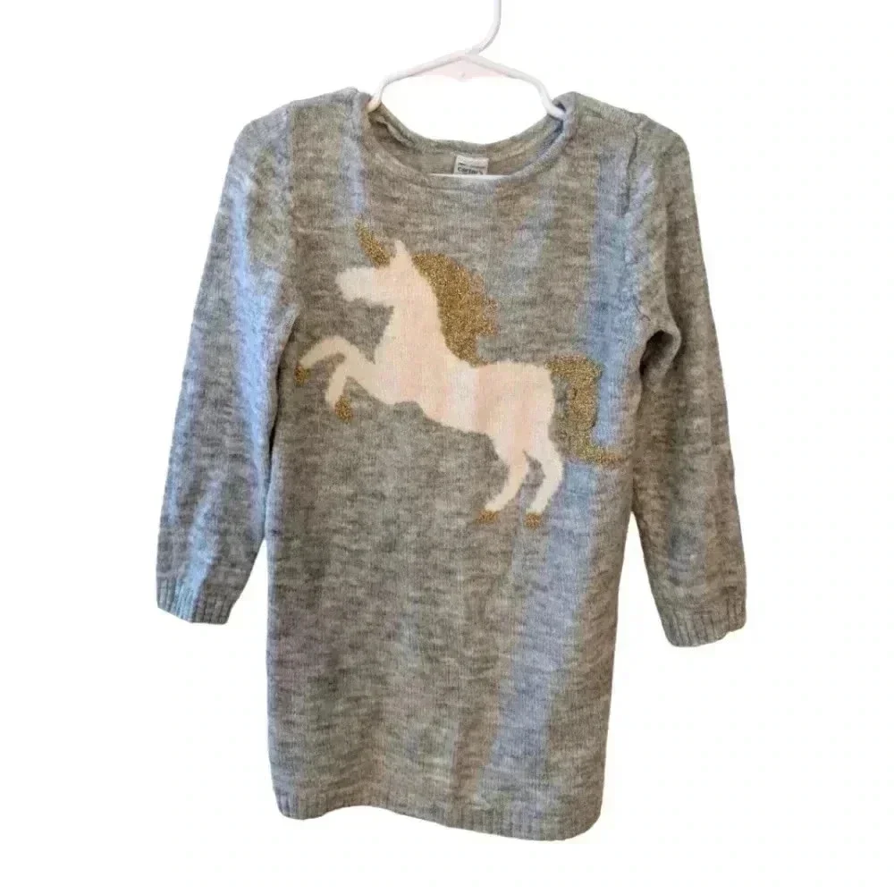 Carter's Gray Unicorn Dress Long Sleeve Girls Knee Length SZ 6-7